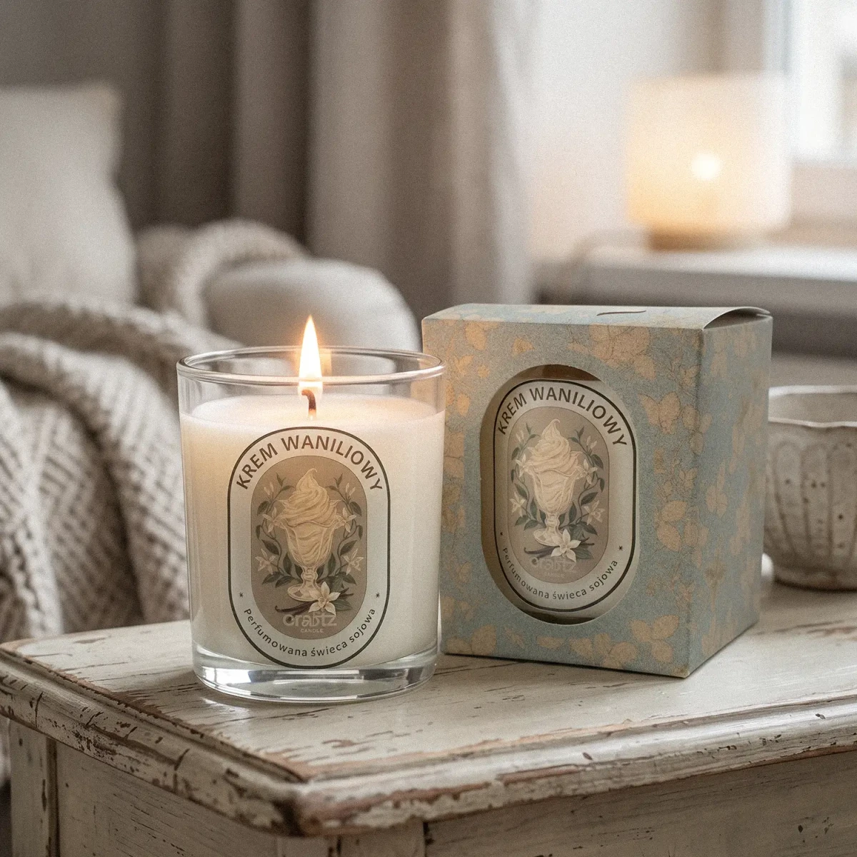 Świeca sojowa Krem Waniliowy 165 g z pudełkiem w przytulnym wnętrzu – Craftz Candle