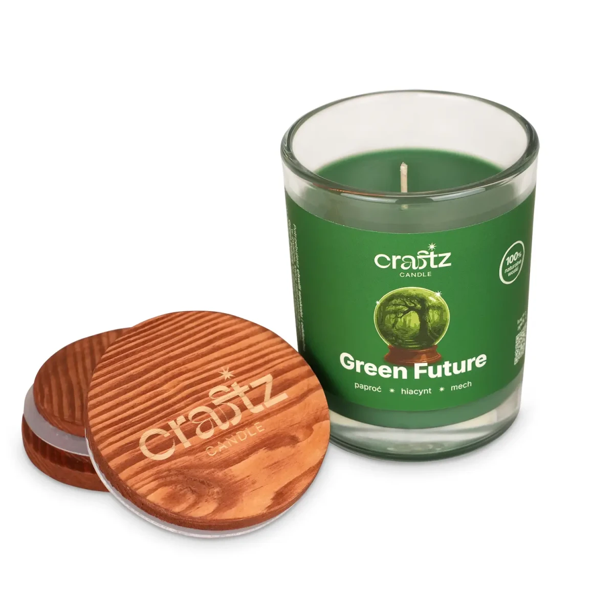 Świeca sojowa Green Future z drewnianym wieczkiem – otwarte szklane naczynie Craftz Candle