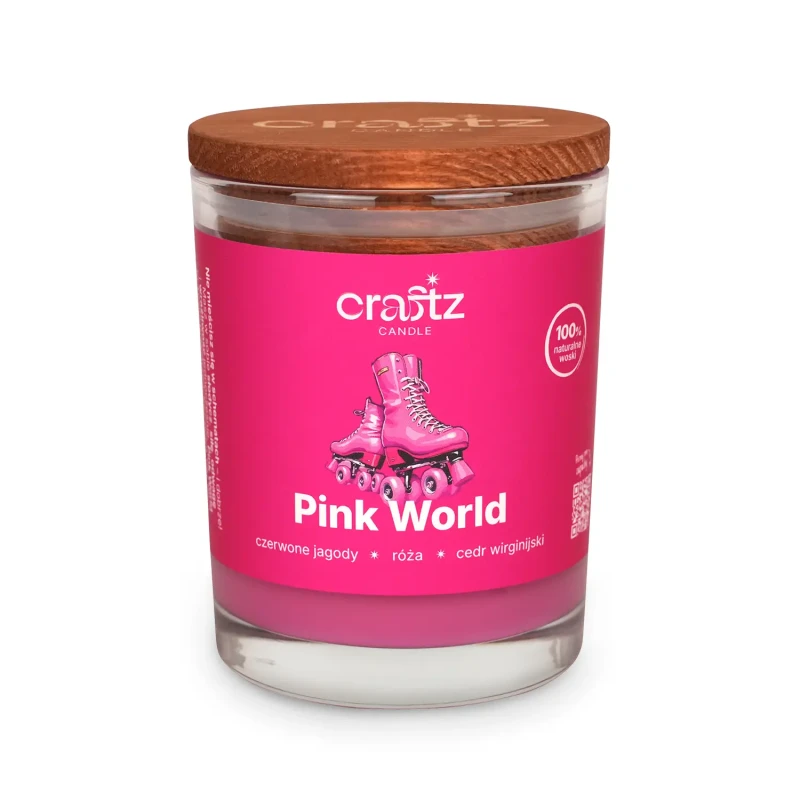 Świeca sojowa Pink World w szklanym słoju z drewnianym wieczkiem – Craftz Candle