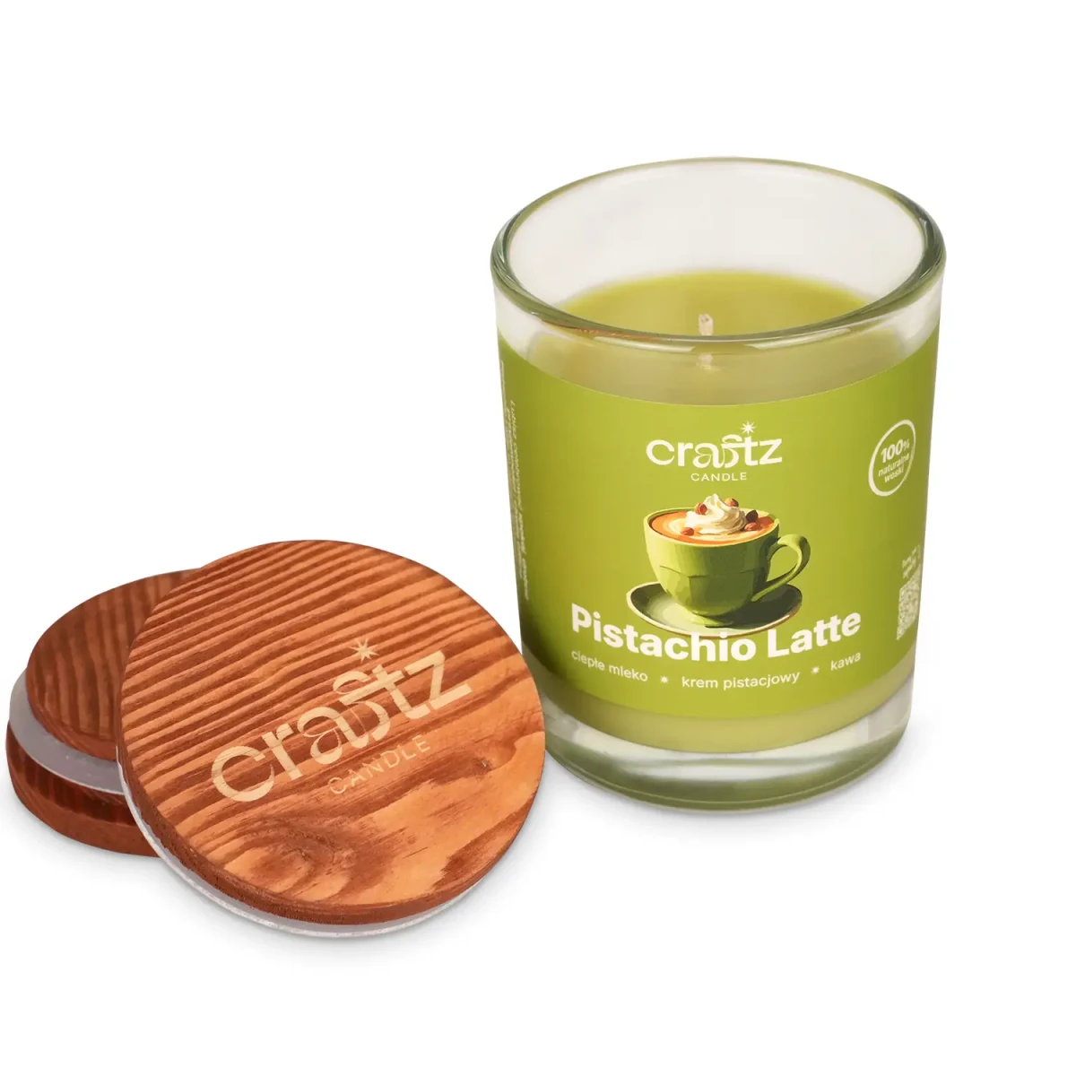 Świeca sojowa Pistachio Latte z drewnianym wieczkiem – otwarte szklane naczynie Craftz Candle