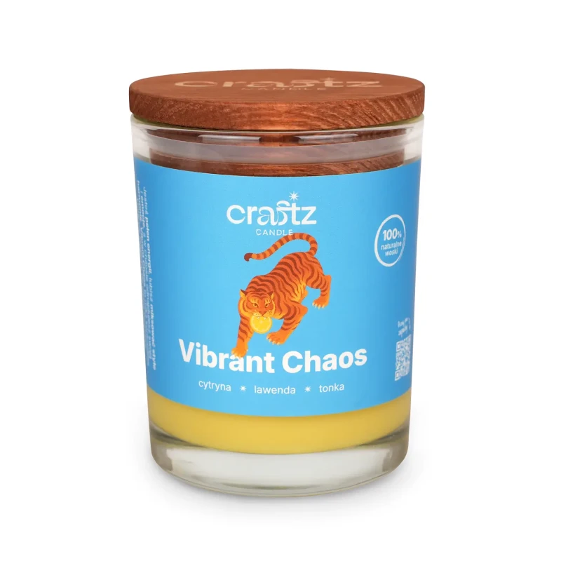 Świeca sojowa Vibrant Chaos w szklanym słoju z drewnianym wieczkiem – Craftz Candle