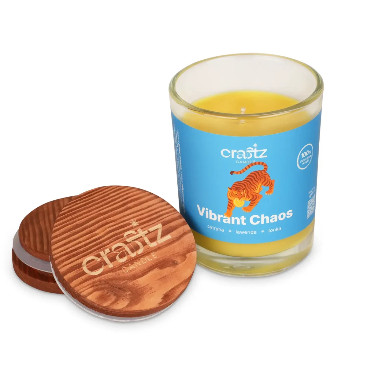 Świeca sojowa Vibrant Chaos z drewnianym wieczkiem – otwarte szklane naczynie Craftz Candle