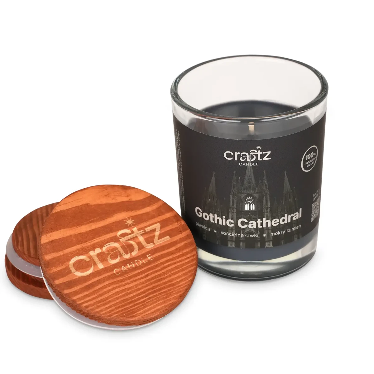 Świeca sojowa Gothic Cathedral z drewnianym wieczkiem – otwarte szklane naczynie Craftz Candle