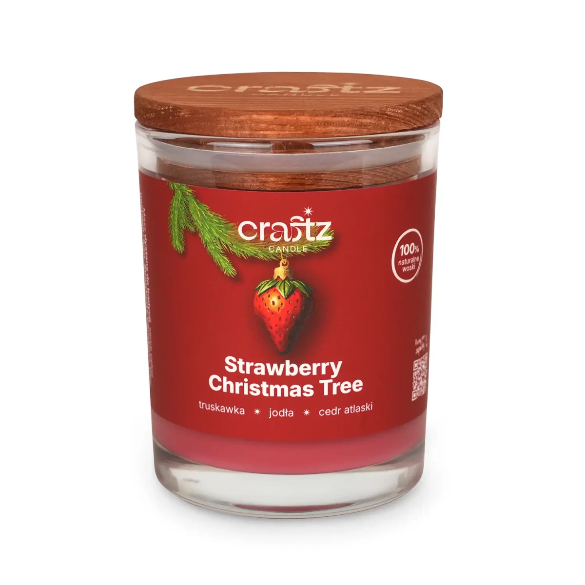 Świeca sojowa Strawberry Christmas Tree w szklanym słoju z drewnianym wieczkiem – Craftz Candle