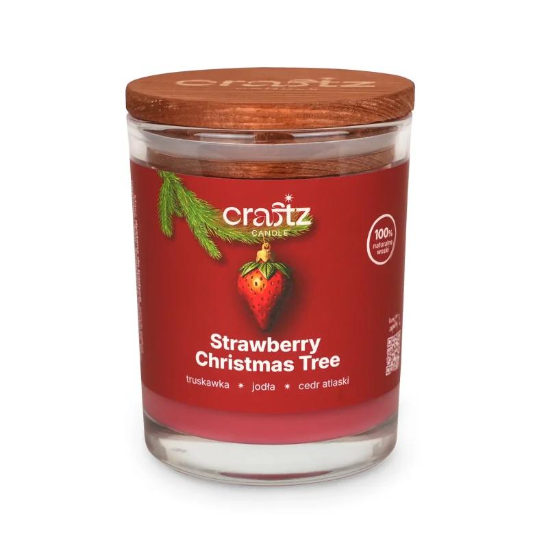 Świeca sojowa Strawberry Christmas Tree w szklanym słoju z drewnianym wieczkiem – Craftz Candle