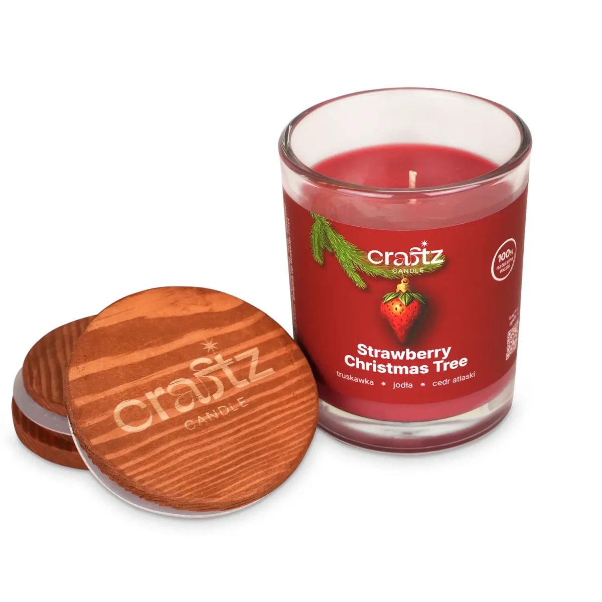 Świeca sojowa Strawberry Christmas Tree z drewnianym wieczkiem – otwarte szklane naczynie Craftz Candle