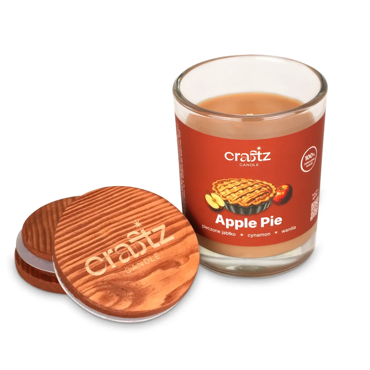 Świeca sojowa Apple Pie z drewnianym wieczkiem – otwarte szklane naczynie Craftz Candle