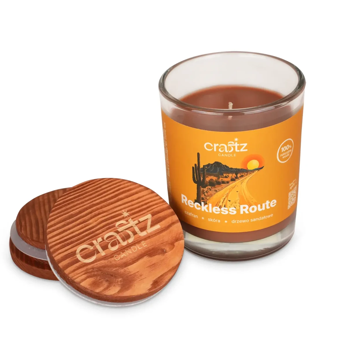 Świeca sojowa Reckless Route z drewnianym wieczkiem – otwarte szklane naczynie Craftz Candle