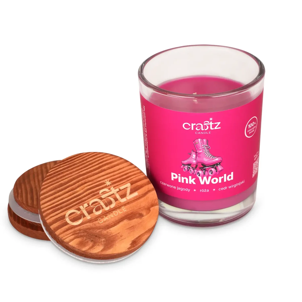 Świeca sojowa Pink World z drewnianym wieczkiem – otwarte szklane naczynie Craftz Candle