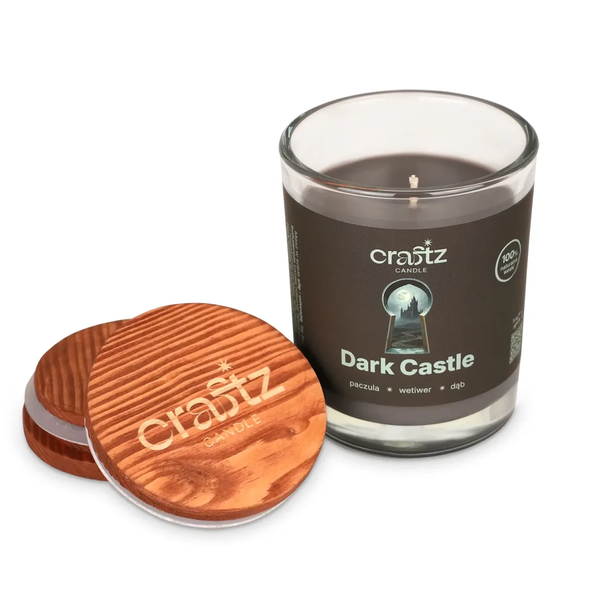 Świeca sojowa Dark Castle z drewnianym wieczkiem – otwarte szklane naczynie Craftz Candle