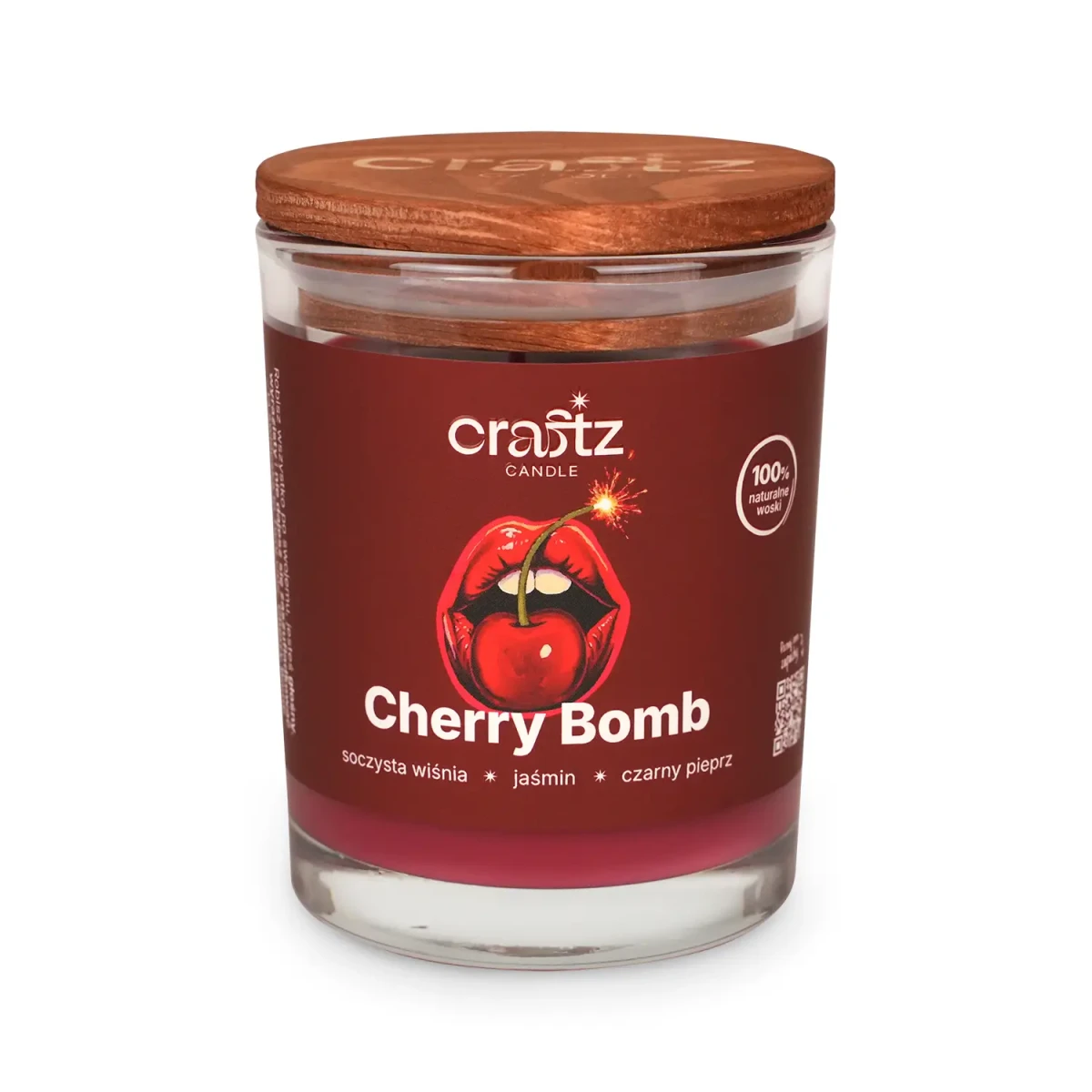 Świeca sojowa Cherry Bomb w szklanym słoju z drewnianym wieczkiem – Craftz Candle