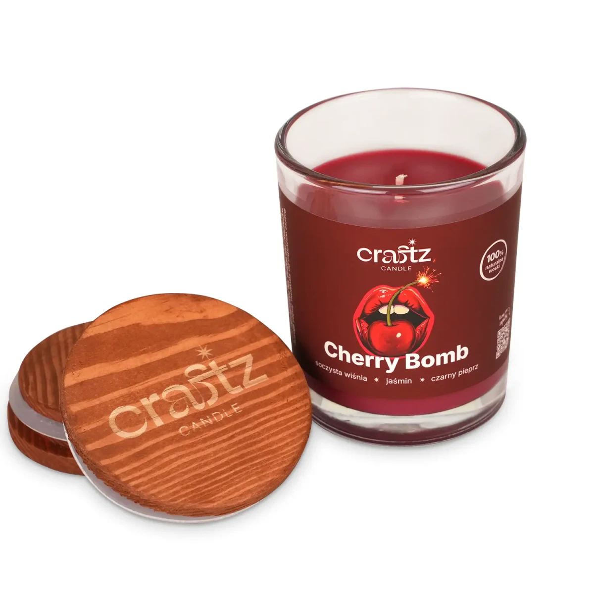 Świeca sojowa Cherry Bomb z drewnianym wieczkiem – otwarte szklane naczynie Craftz Candle