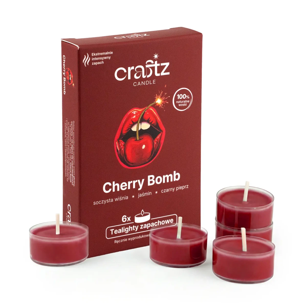 Tealighty zapachowe Cherry Bomb 6 sztuk – soczysta wiśnia, jaśmin i czarny pieprz – Craftz Candle