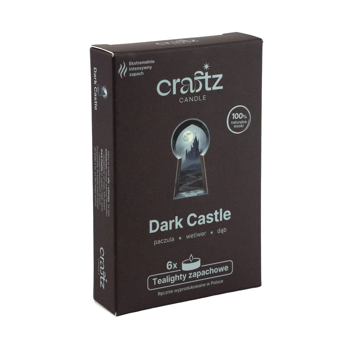 Tealighty zapachowe Dark Castle 6 sztuk – paczula, wetywer i dąb – Craftz Candle