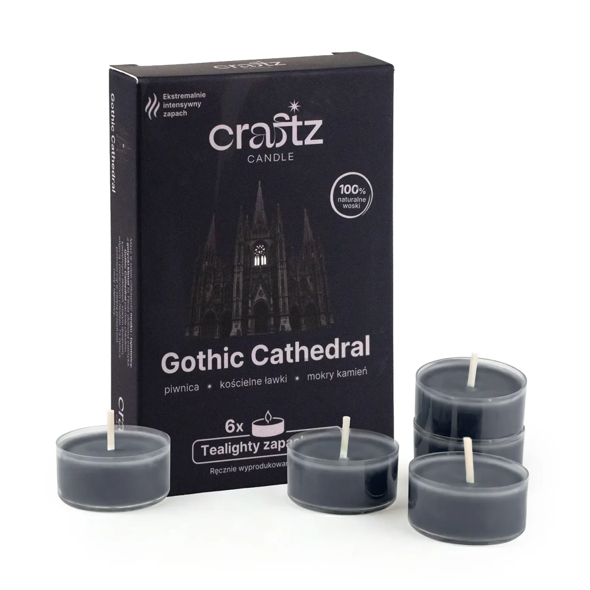 Tealighty zapachowe Gothic Cathedral 6 sztuk – piwnica, kościelne ławki i mokry kamień – Craftz Candle