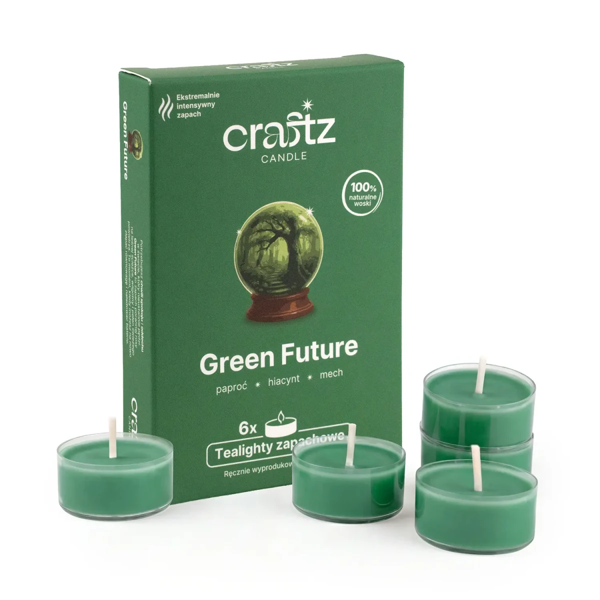 Tealighty zapachowe Green Future 6 sztuk – paproć, hiacynt i mech – Craftz Candle