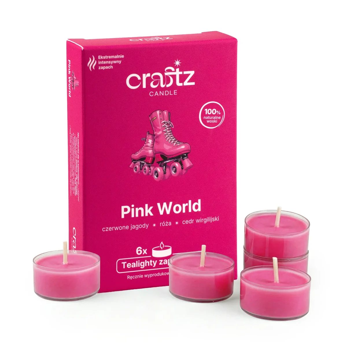 Tealighty zapachowe Pink World 6 sztuk – czerwone jagody, róża i cedr wirgilijski – Craftz Candle