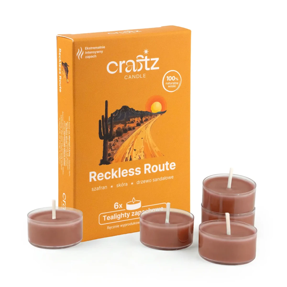 Tealighty zapachowe Reckless Route 6 sztuk – szafran, skóra i drzewo sandałowe – Craftz Candle