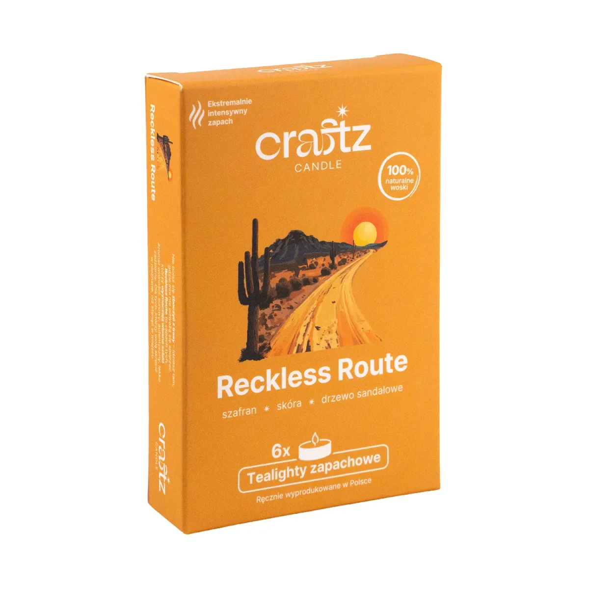 Tealighty zapachowe Reckless Route 6 sztuk – szafran, skóra i drzewo sandałowe – Craftz Candle