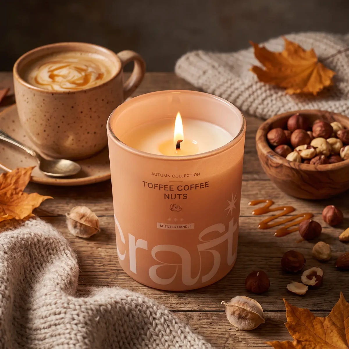 Świeca zapachowa Toffee Coffee Nuts Craftz Candle w jesiennej aranżacji z kawą, orzechami i karmelem